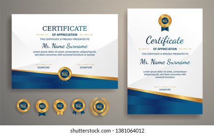 Premium certificate of achievement template, gold and blue color. Clean modern certificate with gold badge. Certificate border template with luxury and modern line pattern. Diploma vector template