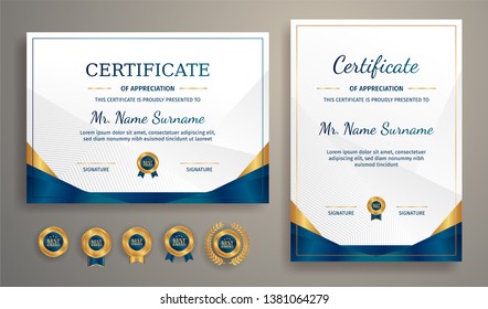 Premium certificate of achievement template, gold and blue color. Clean modern certificate with gold badge. Certificate border template with luxury and modern line pattern. Diploma vector template