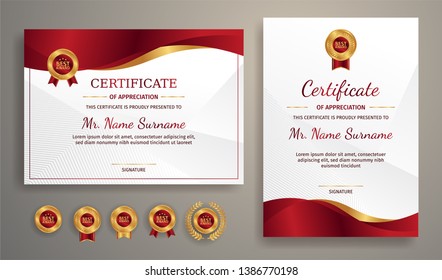 Premium certificate of achievement template, gold and red color. Clean modern certificate with gold badge. Certificate border template with luxury and modern line pattern. Diploma vector template