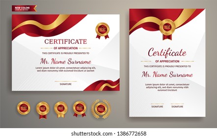 Premium certificate of achievement template, gold and red color. Clean modern certificate with gold badge. Certificate border template with luxury and modern line pattern. Diploma vector template