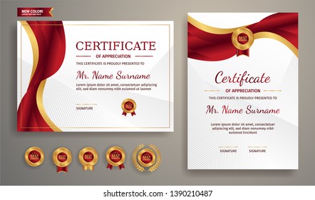 Premium certificate of achievement template, gold and red color. Clean modern certificate with gold badge. Certificate border template with luxury and modern line pattern. Diploma vector template