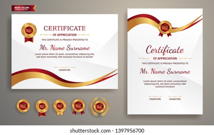 Premium certificate of achievement template, gold and red color. Clean modern certificate with gold badge. Certificate border template with luxury and modern line pattern. Diploma vector template