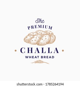 Premium Challa Bread Abstract Sign, Symbol or Logo Template. Hand Drawn Loaf and Wheat Spica with Premium Typography. Bakery Vector Emblem Concept. Isolated.