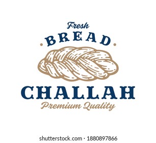 Premium Challah Bread in vintage label, Sign, Symbol or Logo Template. Bakery Vector Emblem Concept. Isolated.