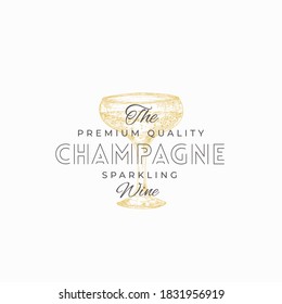 Premium Champagne Abstract Vector Sign, Symbol or Logo Template. Hand Drawn Sparkling Wine Glass Sketch with Typography. Elegant Beverage Emblem. Isolated.