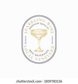 Premium Champagne Abstract Vector Sign, Symbol or Logo Template. Hand Drawn Sparkling Wine Glass Sketch with Typography in a Frame Badge. Elegant Beverage Emblem. Isolated.