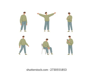 A premium character sheet featuring a young man with a friendly, relatable look and curly brown hair. He is dressed in a cozy, oversized sage green sweater, loose-fit denim trousers, and green sneakers, creating a perfect "Boho-Modern" aesthetic.