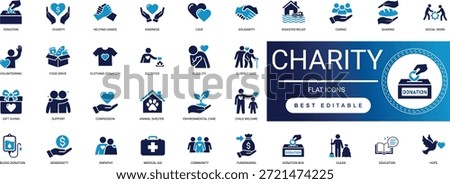 Premium charity solid icon set featuring donation, volunteering, and community care. High-quality editable vector elements for non-profit and social support projects.