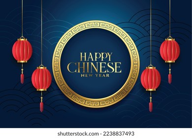 premium chinese new year greeting background with hanging lamp vector 
