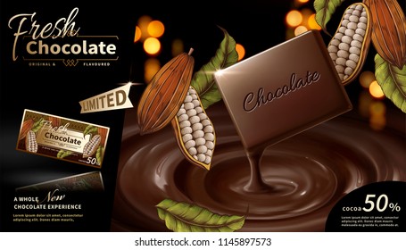 Premium chocolate ads in 3d illustration with engraved cacao plants elements on bokeh glitter background