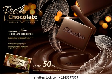 Premium chocolate ads in 3d illustration with engraved cacao plants elements on bokeh glitter background