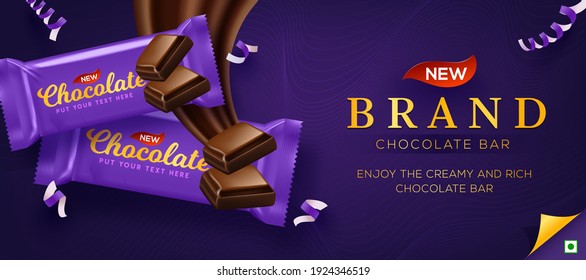 Premium chocolate ads in 3d illustration with liquid chocolate on rich purple background