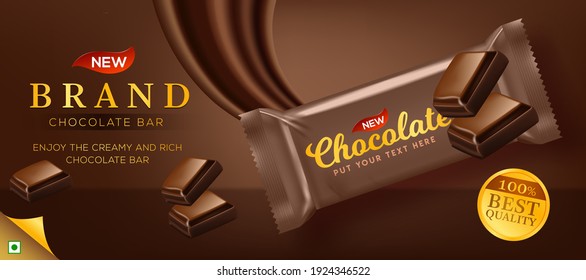 Premium chocolate ads in 3d illustration with liquid chocolate on bokeh glitter brown background