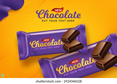 Premium chocolate ads in 3d illustration with liquid chocolate on bokeh yellow background