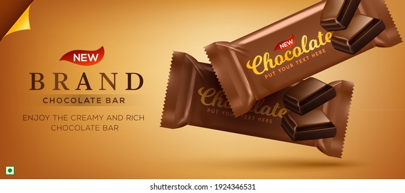 Premium chocolate ads in 3d illustration with liquid chocolate on bokeh glitter background