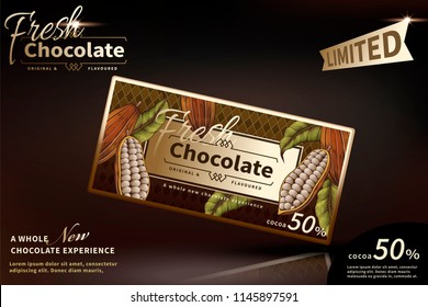 Premium chocolate ads with classic package design on brown background