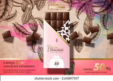 Premium chocolate ads with pink package in 3d illustration, engraved cacao plants background