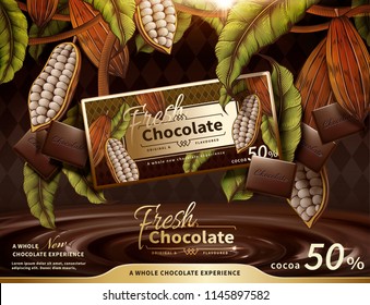 Premium chocolate ads with swirl sauce in 3d illustration, engraved cacao plants elements