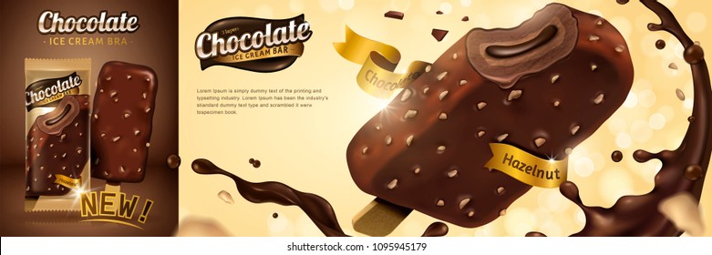 Helado de chocolate premium con salsa girando sobre fondo de brillo dorado en ilustración 3d