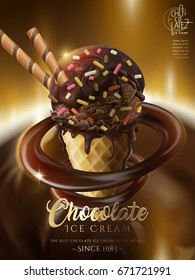 Cono de helado de chocolate premium con cal de arcoiris y bastón de wafer en ilustración 3d, aislado en fondo bokek