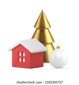 Premium Christmas composition green spruce cozy winter hut and white hang ball toy realistic 3d icon vector illustration. Luxury Xmas decorative elements traditional December holiday festive celebrate