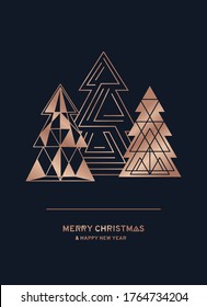 Premium Christmas greeting card with stylized geometric Christmas trees. Rose gold elegant New year greeting card with navy blue background. Luxury design for greeting card,banner. Vector illustration