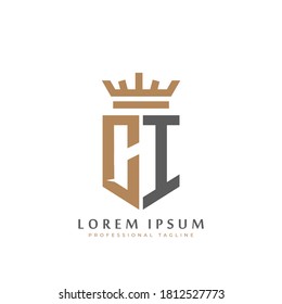Premium CI Monogram of Two letters C&I. Elegant gold shield initials and crown geometric old retro graphic logo design. alphabet vector elements stock illustration