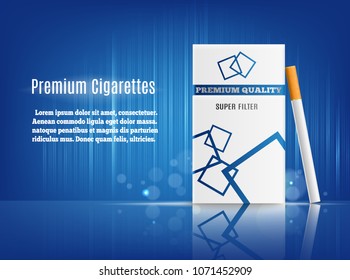 Premium cigarettes realistic composition advertisement poster with hard pack on sea blue reflective surface and background vector illustration  