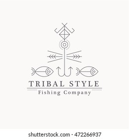 Premium class fishing emblem. Creative thin line style fish and fishing hook. Minimalistic tribal outlined logo for fishing company
