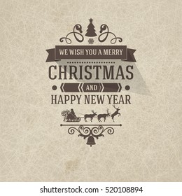 Premium class vintage retro flat style trendy Merry Christmas badge and New Year wish greeting. Vector illustration with brown text inscription on scratched beige sandy background for booklets
