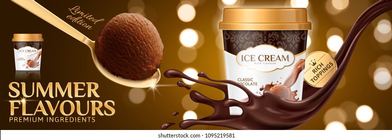 Copa de helado de chocolate clásico premium con cuchara de hielo delicioso y salsa salpicante sobre fondo de brillo, ilustración 3d