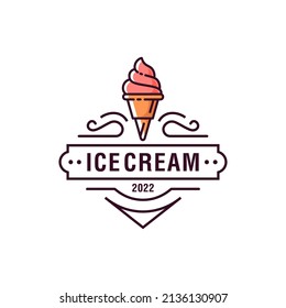 premium classic ice cream scoop badge hipster logo icon in trendy cartoon elegant line style 