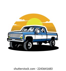 Premium Classic Lifted Truck Vector Illustration Isolated. Vintage Double Cabin Truck Vector