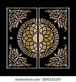 Premium CNC laser cutting gate design featuring elegant floral corner ornaments, a decorative geometric mandala centerpiece, and a sophisticated symmetrical layout. Perfect for metal gates, wall panels, privacy screens, architectural décor, and laser cut vector