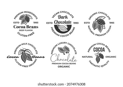 Premium cocoa beans monochrome circle badge with place for text set vector flat illustration. Emblem quality organic natural chocolate with luxury ingredients isolated. Sweet delicious shop logo