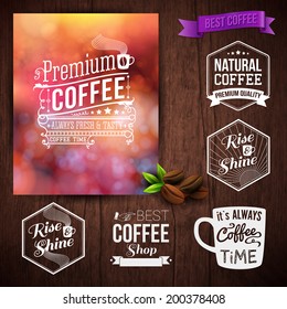 Premium coffee advertising poster and coffee beans. Set of typography design labels on a wooden background.. Vector illustration.