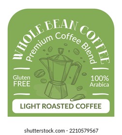 Premium coffee bean blend, 100 percent arabica, gluten free light roast taste. Preparing tasty beverage and drink, natural ingredients. Label or banner or packages. Vector in flat style illustration