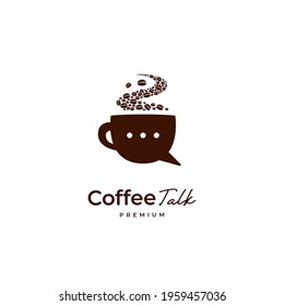 Premium coffee bean talk logo, brown coffee cup with bubble chat icon logo illustration