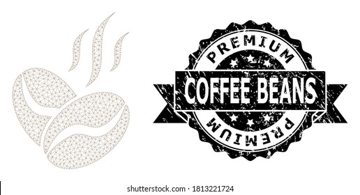 Premium Coffee Beans rubber stamp seal and vector coffee beans aroma mesh structure. Black stamp seal contains Premium Coffee Beans caption inside ribbon and rosette.