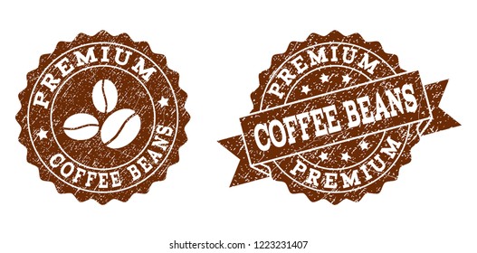 Premium Coffee Beans rubber stamps. Vector seals in chocolate color with round, ribbon, rosette, coffee bean elements.