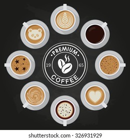 Premium Coffee cups, americano, latte, espresso, cappuccino, macchiato, mocha, art, drawings on coffee crema, view top with coffee logo. Flat vector design.