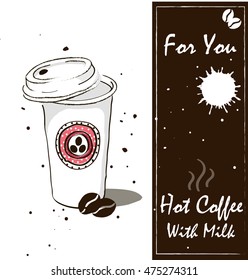 Premium Coffee cups, latte, espresso, cappuccino, art, drawings on coffee cream, view top with coffee logo. Flat vector design. Eco food. 
