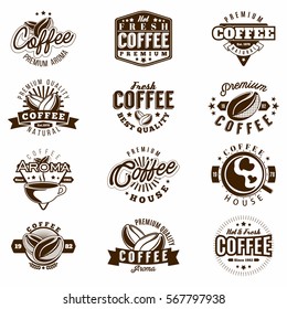 Premium coffee and coffee house emblems, badges and logo set, vector illustration