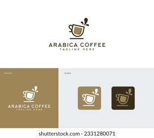 Premium coffee shop logo. Cafe mug icon. Latte aroma symbol. Espresso hot drink cup sign. Arabica cappuccino emblem. Vector illustration.