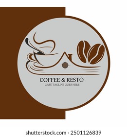 Premium coffee shop logo. Cafe mug icon. Latte aroma symbol. Espresso hot drink cup sign. Arabica cappuccino emblem. Vector illustration.