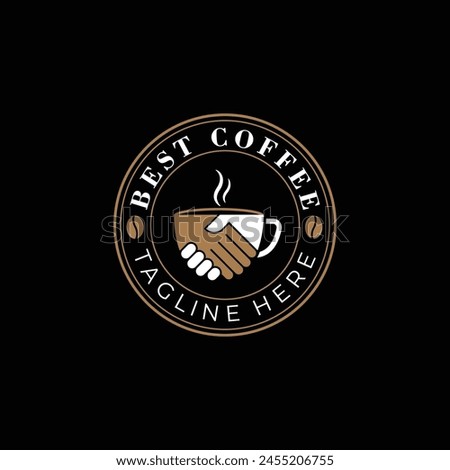 Premium coffee shop logo. Handshake design cup icon, Vector illustration.