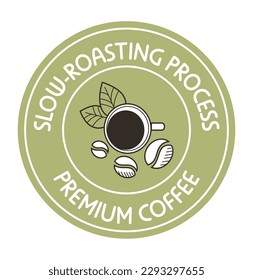 Premium coffee, slow roasted process, tasty aromatic beverage. Isolated icon with cup of drink and beans, shop or store offer. Label or emblem, logotype for product package. Vector in flat style