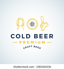 Premium Cold Beer. Abstract Vector Beer Sign, Emblem or Logo Template. Growler Bottle, Cap and Beer Tap Icons with Vintage Monogram and Typography. Isolated