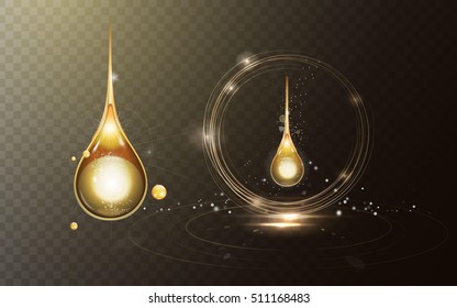 Premium collagen drop, sparkling golden oil drop with effects isolated on transparent background. 3D illustration.