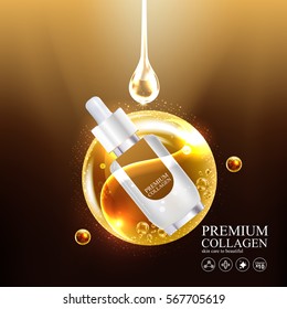 Premium Collagen Serum and Vitamin Background Skin Care Cosmetic concept.